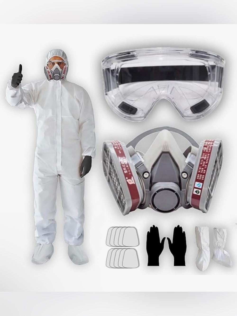 White Protective Full-Body Coverall Suit with Respirator Mask and Goggles